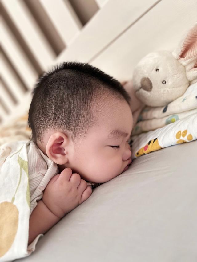 A sleeping baby is lying on their side with a stuffed animal close to their hand, all on a light-colored background, possibly a crib or bed