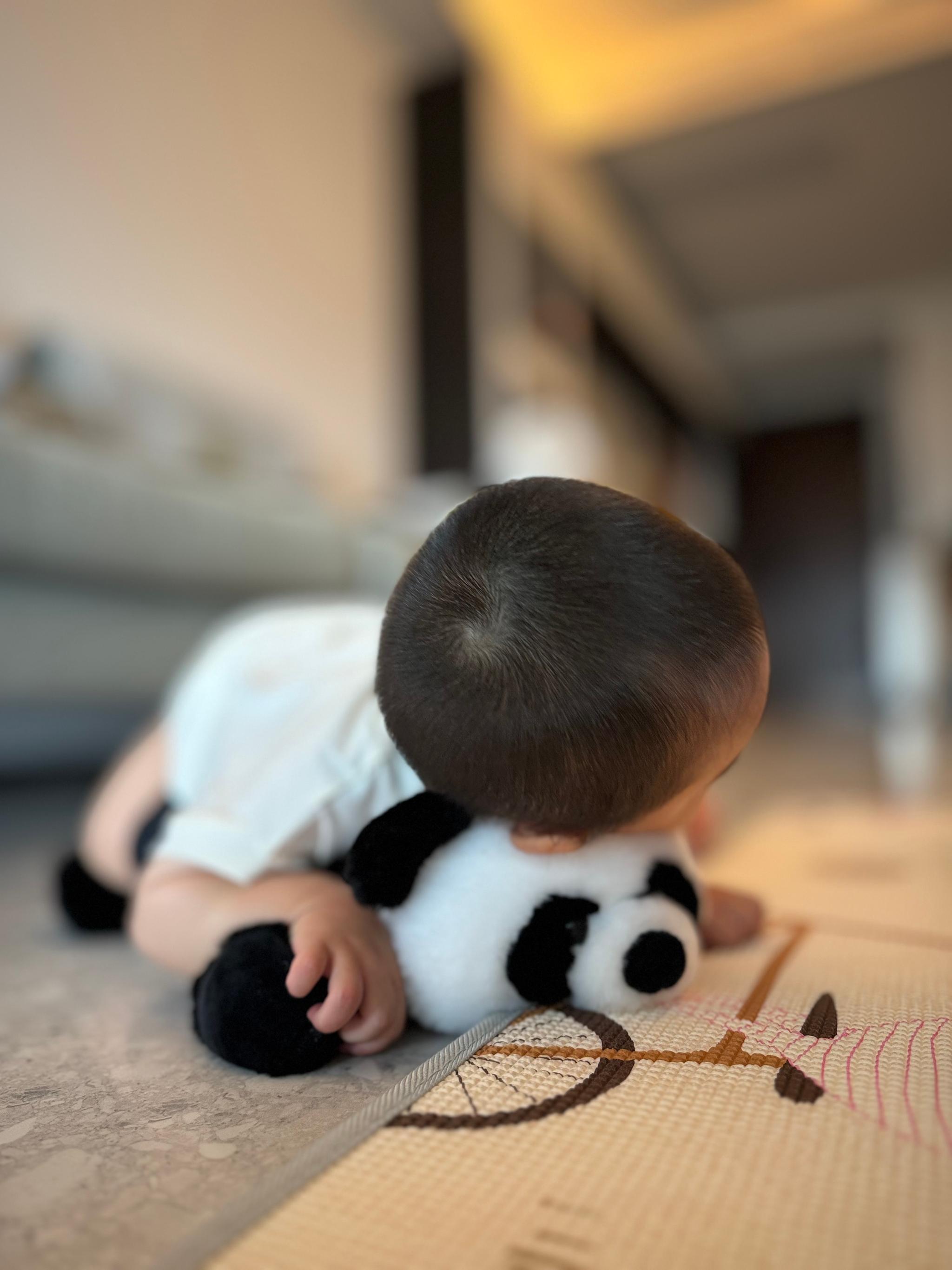 A child lying on the floor, resting their head on a stuffed panda toy, with a blurred background of a living room