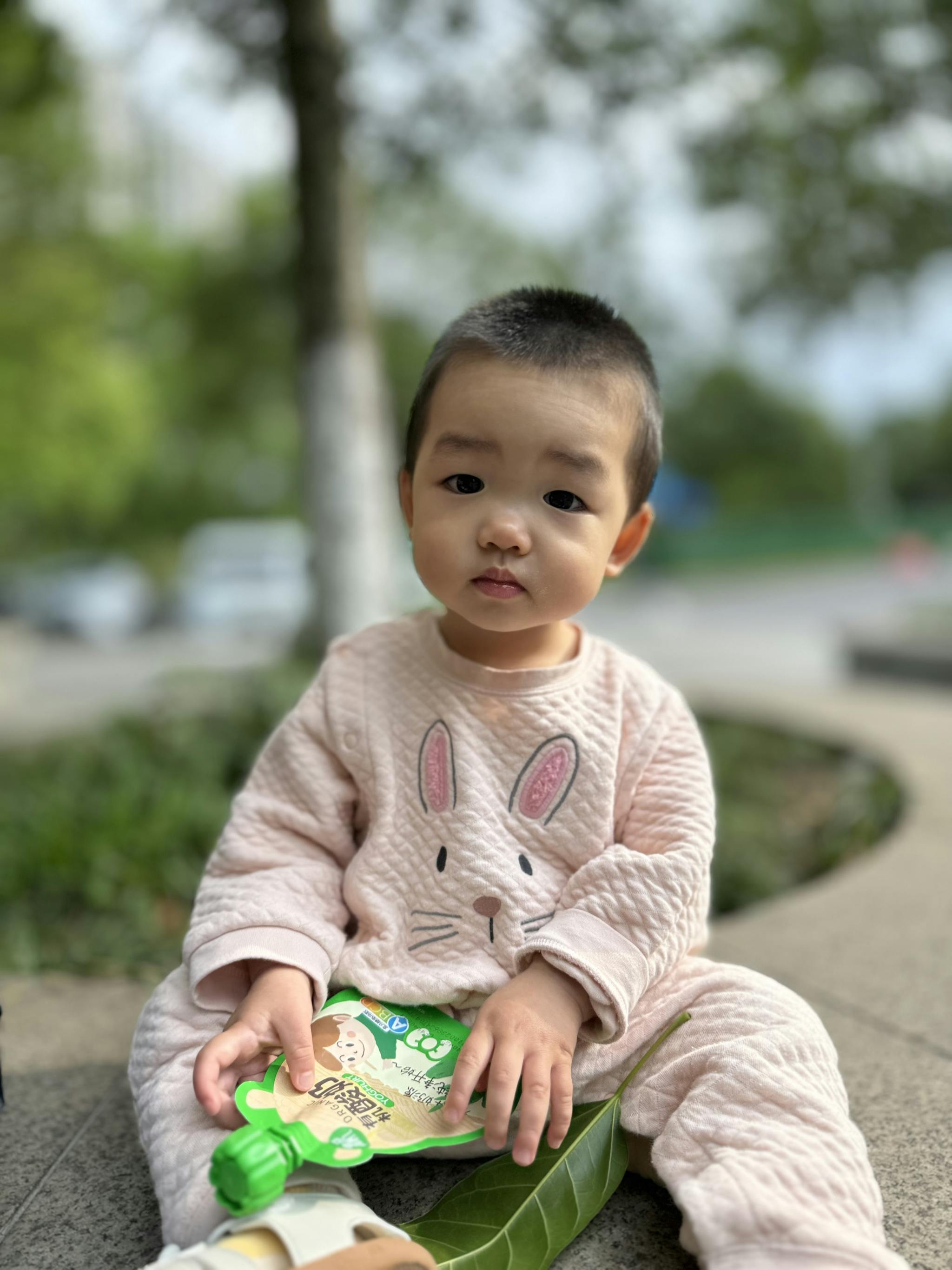 A toddler in a pink outfit with bunny patterns sits on a curb, holding a green leaf, with trees blurred in the background